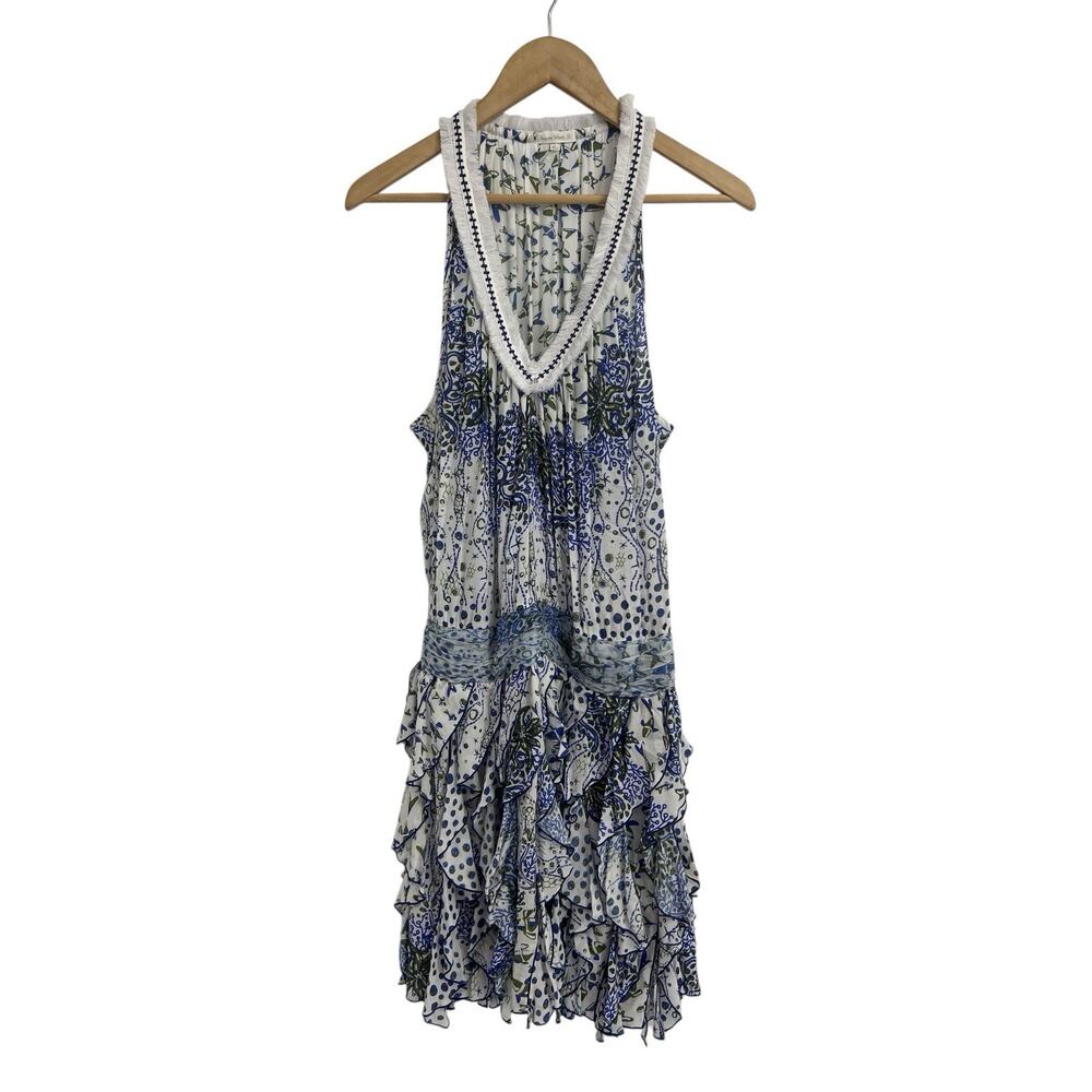 Poupette St Barth Blue Floral V Neck Sleeveless Mini Dress Large Ruffle Skirt